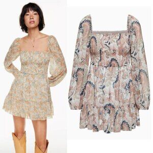 WILFRED Aritzia Tempest Smocked Chiffon Mini Dress Sz 2XS Coral Blush Lt Birch